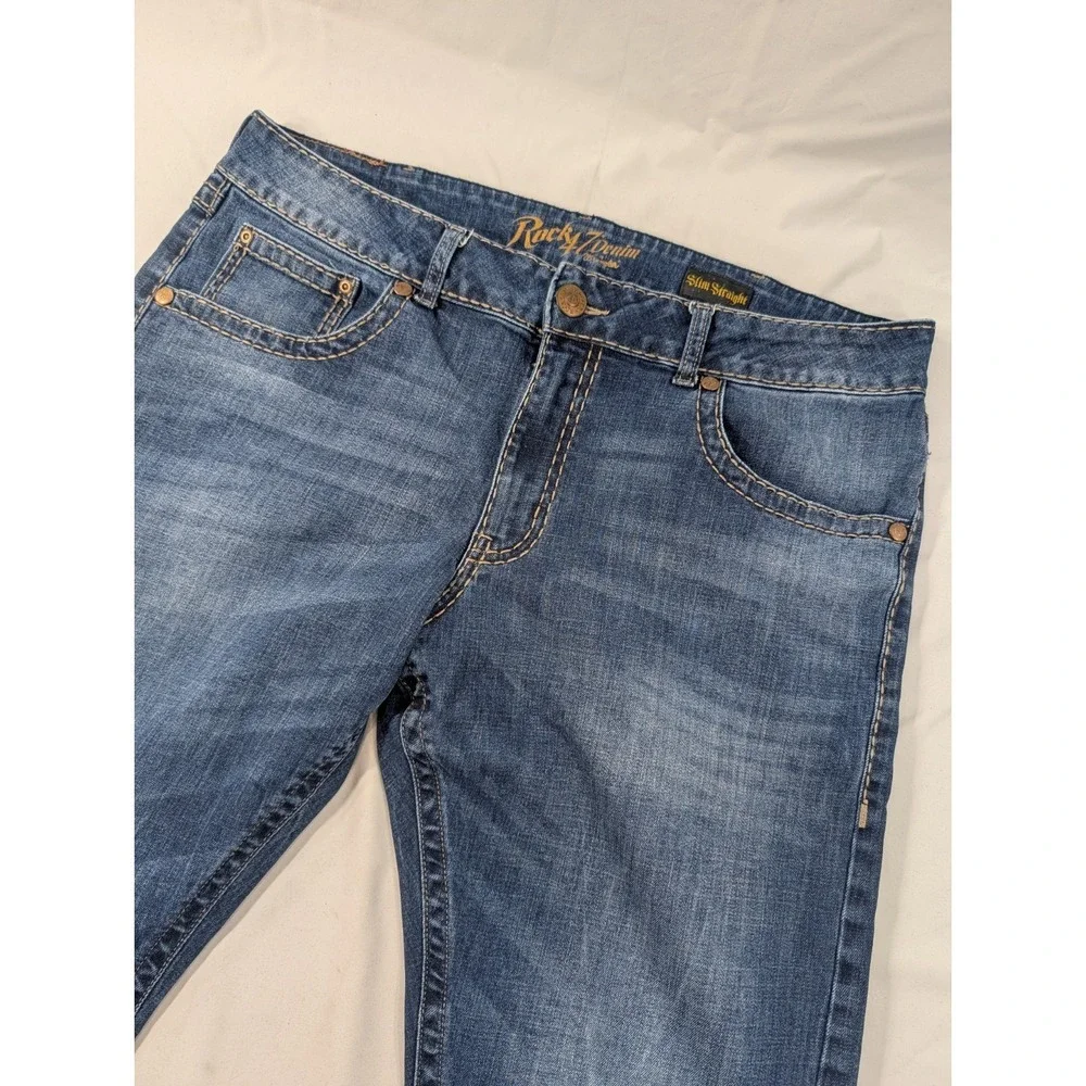 Wrangler Rock 47 Jeans Mens 38x30‎ Thick Stitch Heavy Blue Slim Straight Denim